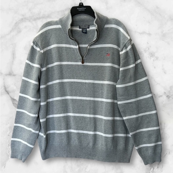 Vintage Polo Ralph Lauren Gray White Stripe 1/4 Zip Sweater Flag Logo Size XXL - Picture 2 of 9